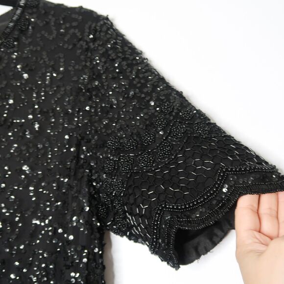 Brilliante by J.A. VINTAGE Dress Size Large 100% Silk Black Shift Sequins Beads - Picture 6 of 10